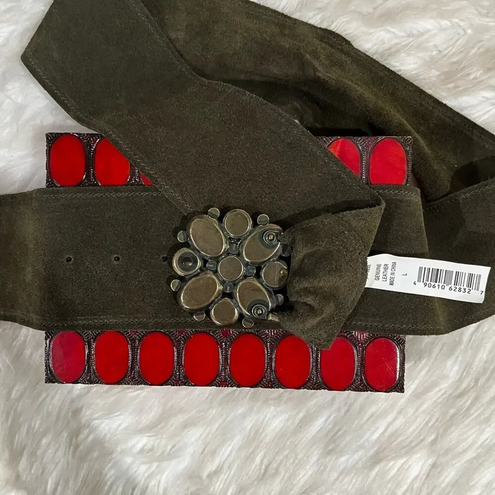 NEW Lake Shore Drive Suede Boho Crystal Flower Vintage Buckle Wide Waist Belt L